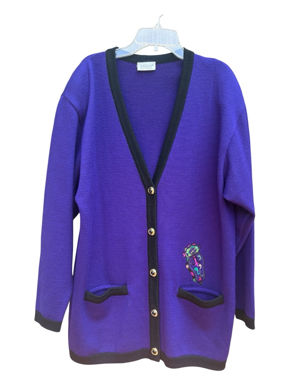 Vintage Basler Purple Cardigan Shoulder Pads Black Trim and Embroidered Patch